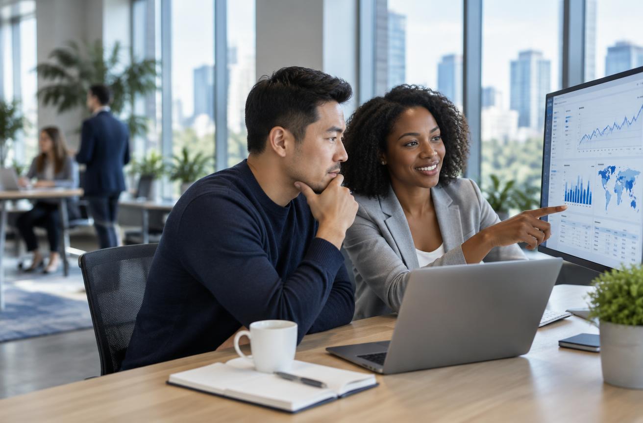 Two colleagues reviewing an analytics dashboard