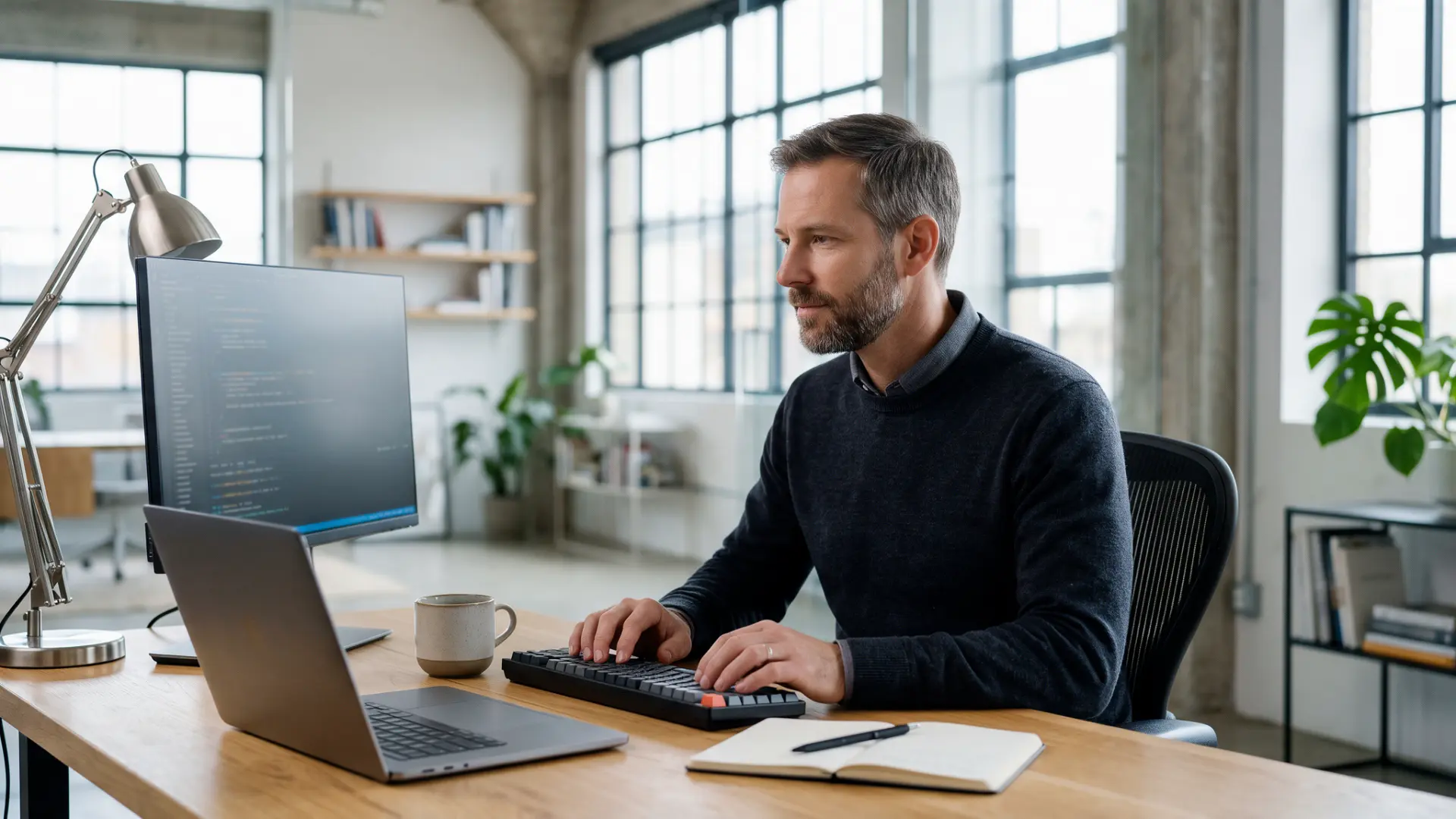 A senior software engineer coding at his desk in a bright loft office.
