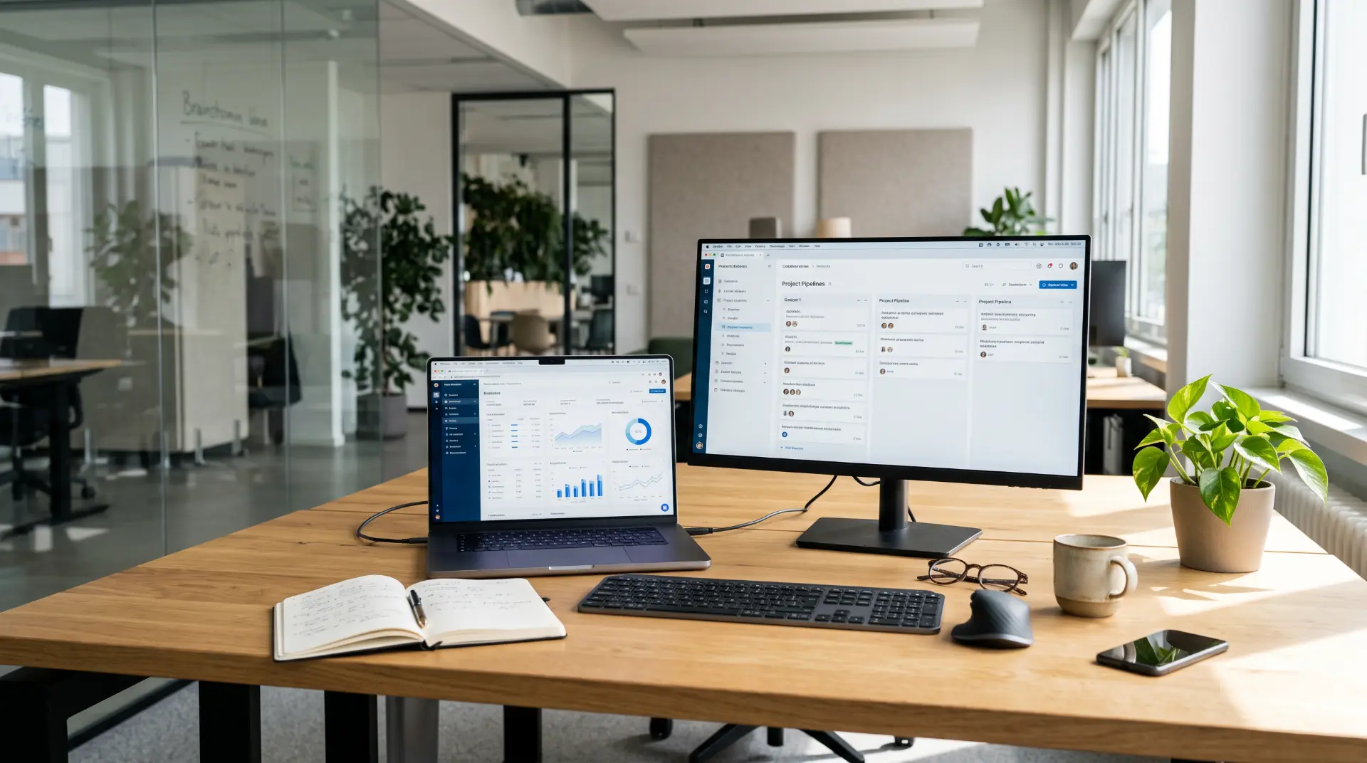 Laptop and desktop computer displaying SaaS analytics and project management dashboards