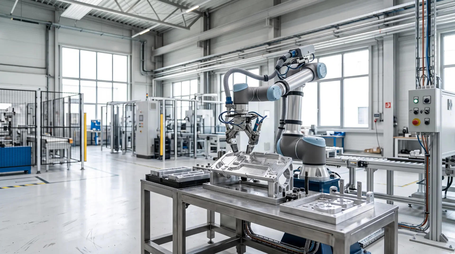 Industrial robot arm handling a machined component on a manufacturing production line