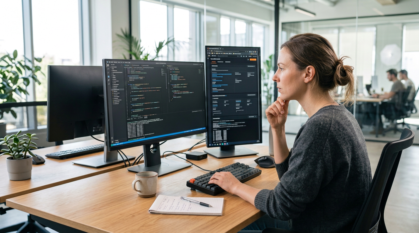 A software engineer working at multiple computer monitors in a collaborative office.