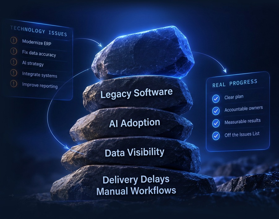 Technology Issues, legacy software, AI adoption, data visibility, delivery delays and manual workflows moving toward real progress