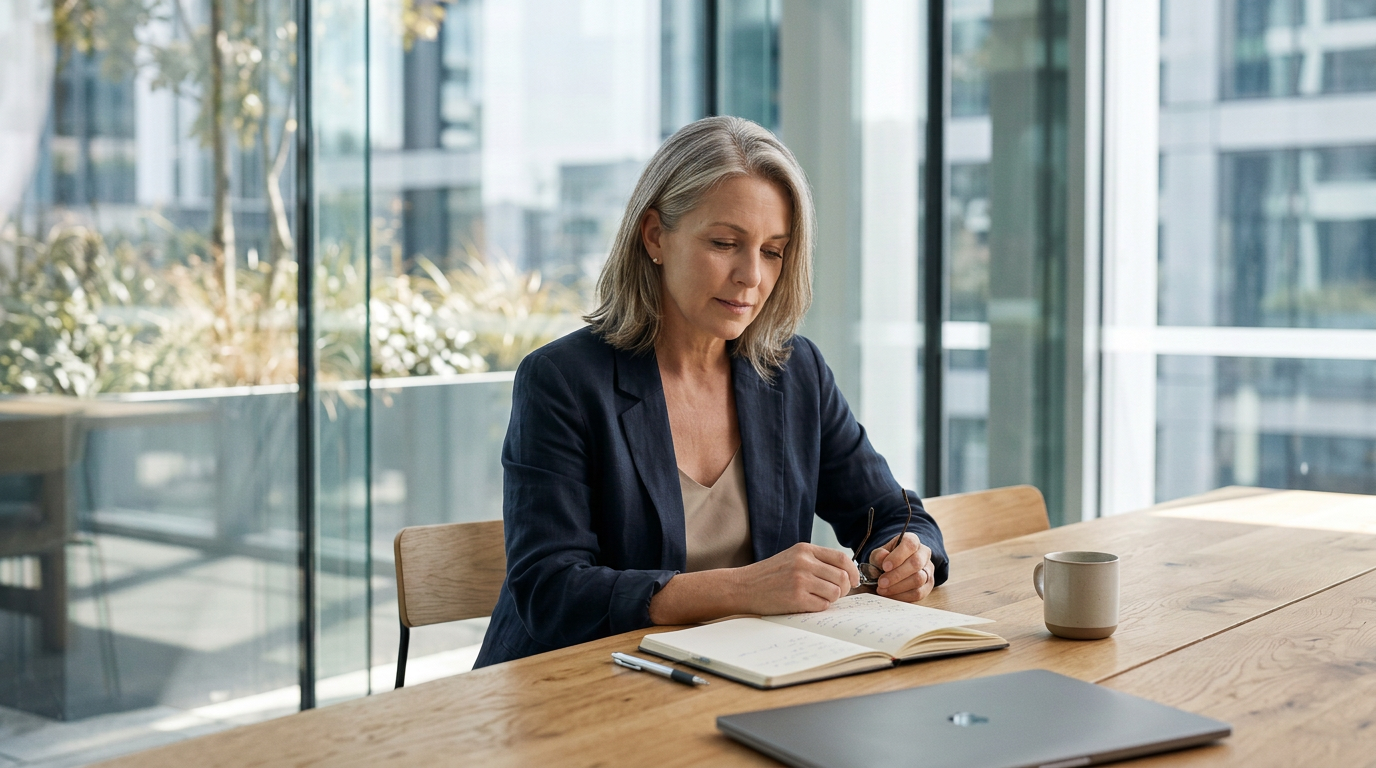 A senior technology advisor reviewing notes at a conference table.